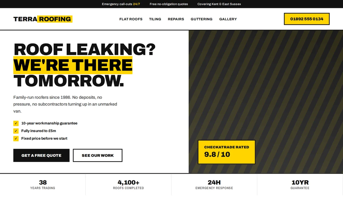 Concept homepage design for Terra Roofing, high contrast style